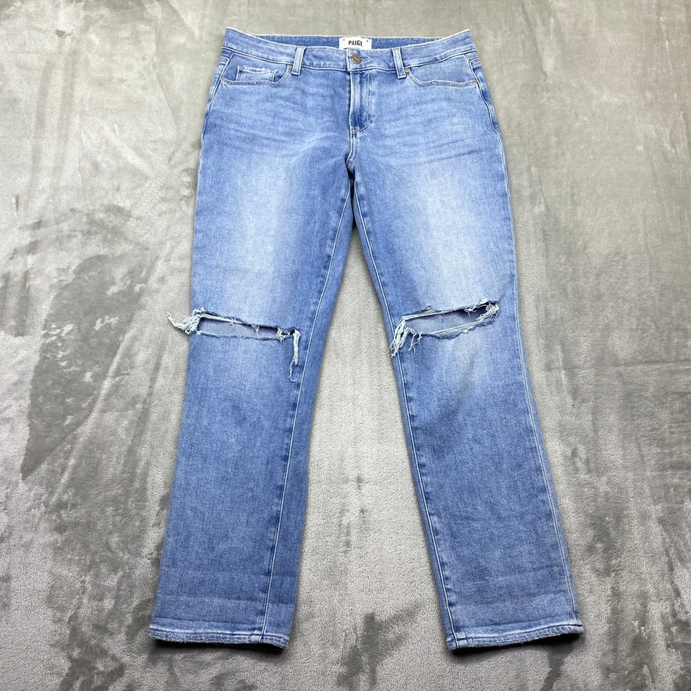PAIGE Brigitte Slim Boyfriend Jeans Blue Distressed Ripped Knee Size 29 Fits 31"